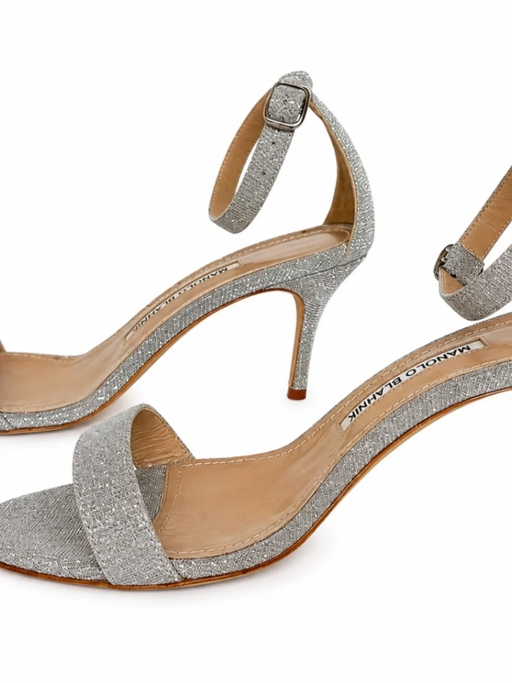 Manolo Blahnik Chaos 70 Silver Glitter Sandals Heels Size 37.5